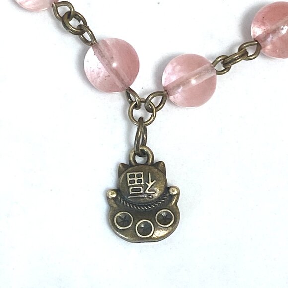 Cute Cherry Quartz Bronze Fortune Cat Adjustable Pendant Choker - Picture 5 of 16